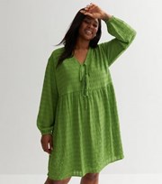 New Look Curves Green Textured Tie Front Mini Smock Dress